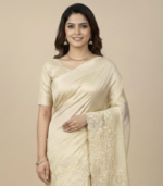 White thread embroidery work with scalap border Tusser Saree