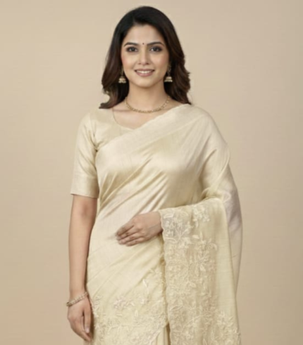 White thread embroidery work with scalap border Tusser Saree