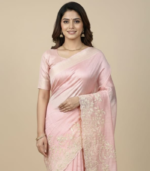 White thread embroidery work with scalap border Tusser Saree - Image 3