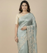 White thread embroidery work with scalap border Tusser Saree - Image 2