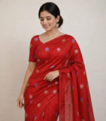 Rose embroidery with borders Tusser Saree - Image 3