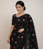 Rose embroidery with borders Tusser Saree - Image 2